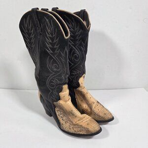 Tony Lama Vintage Genuine Snakeskin Cowboy Boots Black Tan Embroidered Shaft Men